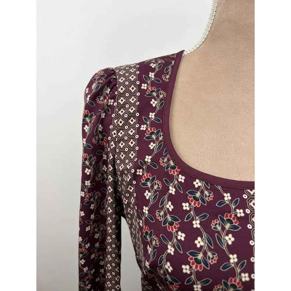 Gal Meets Glam Collection Dress US 4 Burgundy Floral Long Sleeve Square Neck